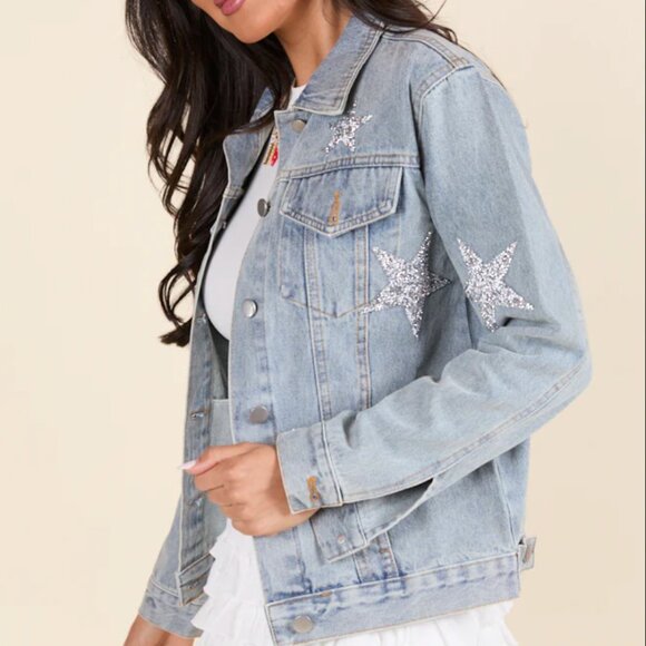 pink lily Jackets & Blazers - Sparkling Star Denim Jacket